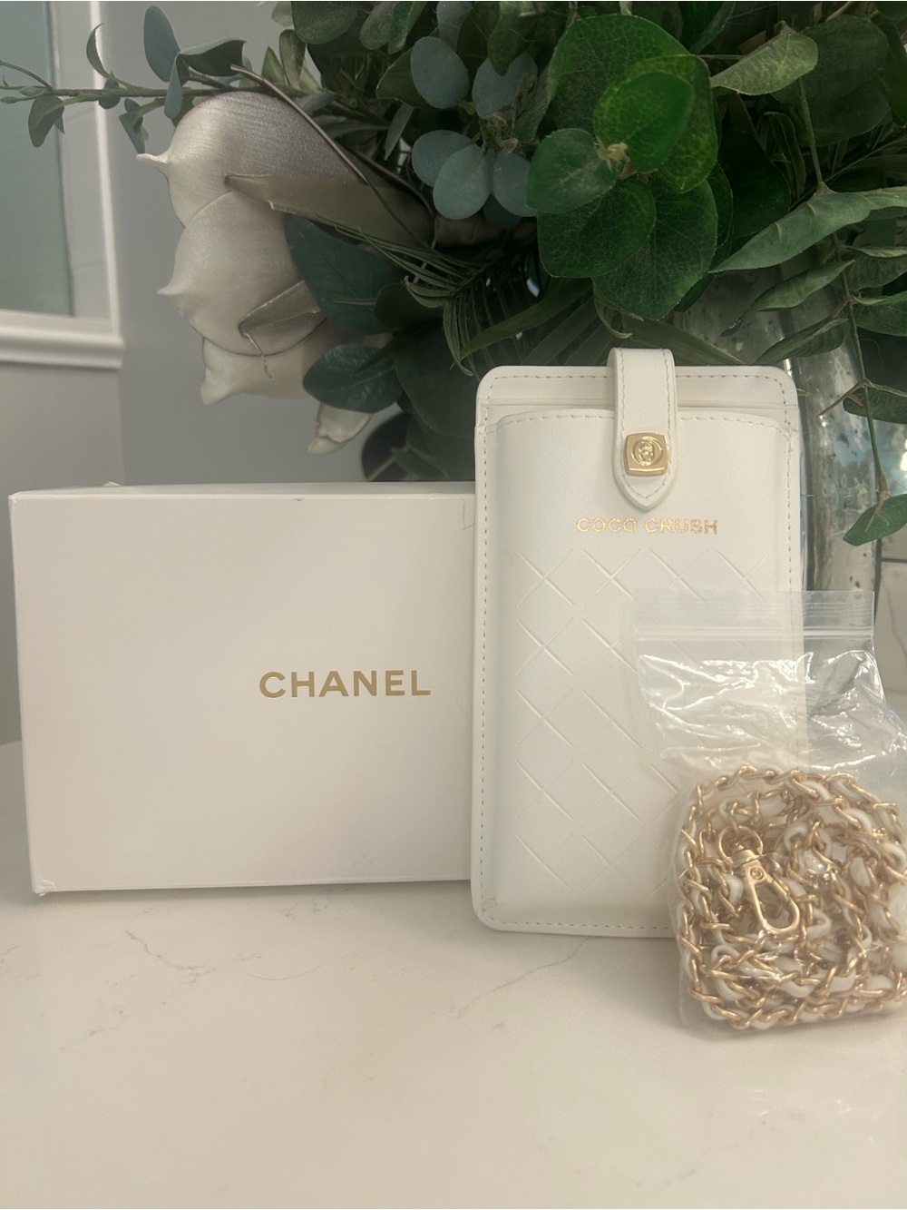 COCO Crush Quilted White Crossbody Phone Case with Gold Chain